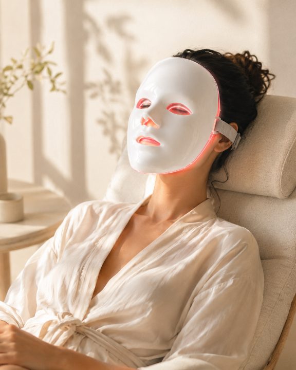Woman relaxing while wearing the GlowMask Pro LED mask